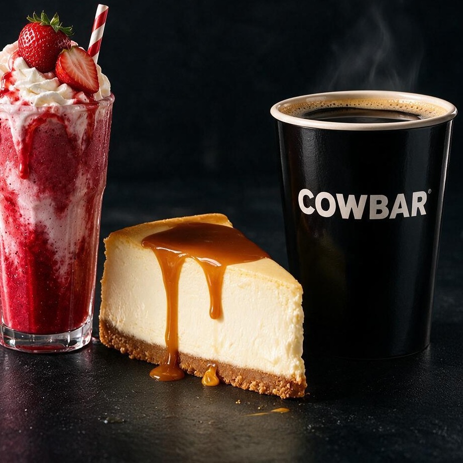 COWBAR strawberry shake, caramel cheesecake and a black COWBAR coffee cup