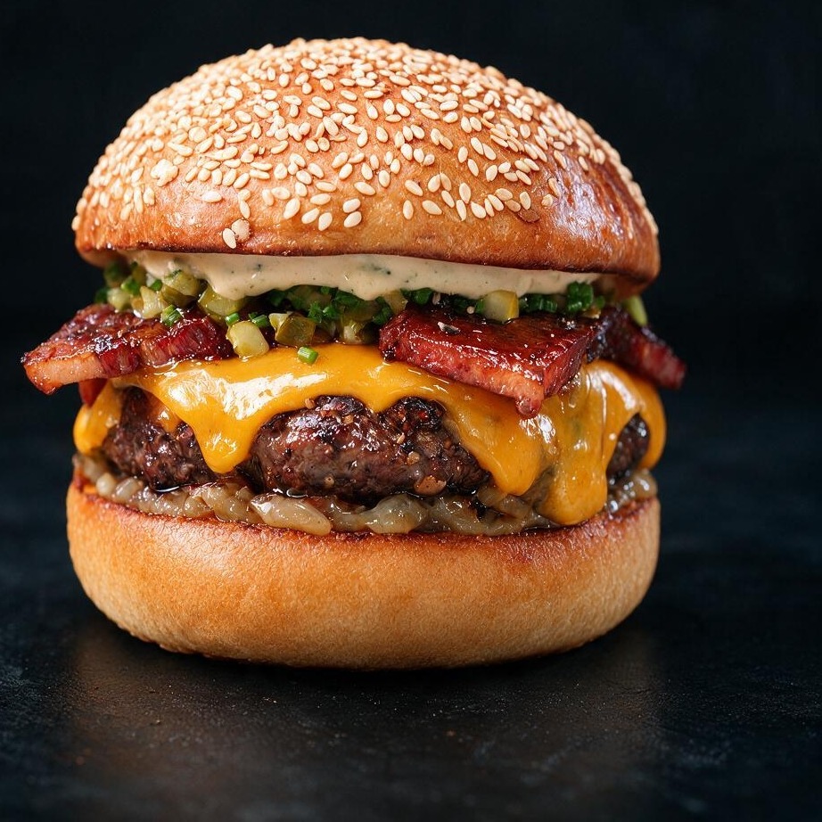 COWBAR burger with melted cheese, bacon and pickle relish on a sesame brioche bun