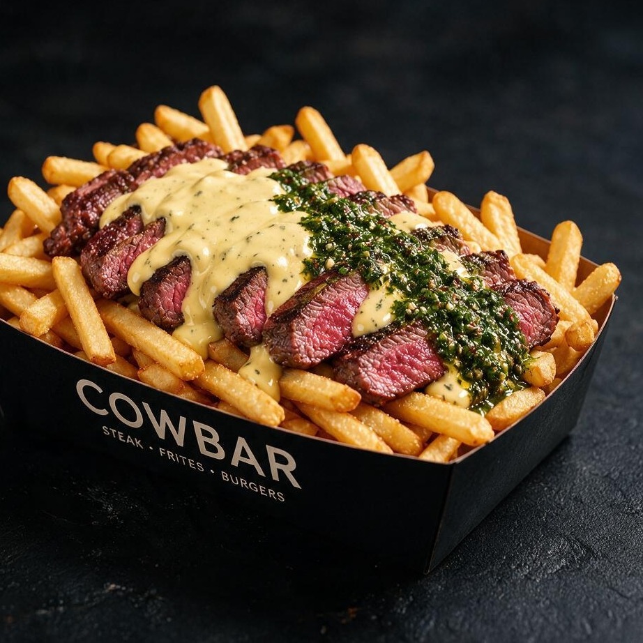 COWBAR steak frites: sliced steak over fries with béarnaise and chimichurri in a black COWBAR tray
